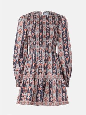 Hill House Printed Tiered Mini Dress in Navy and Coral